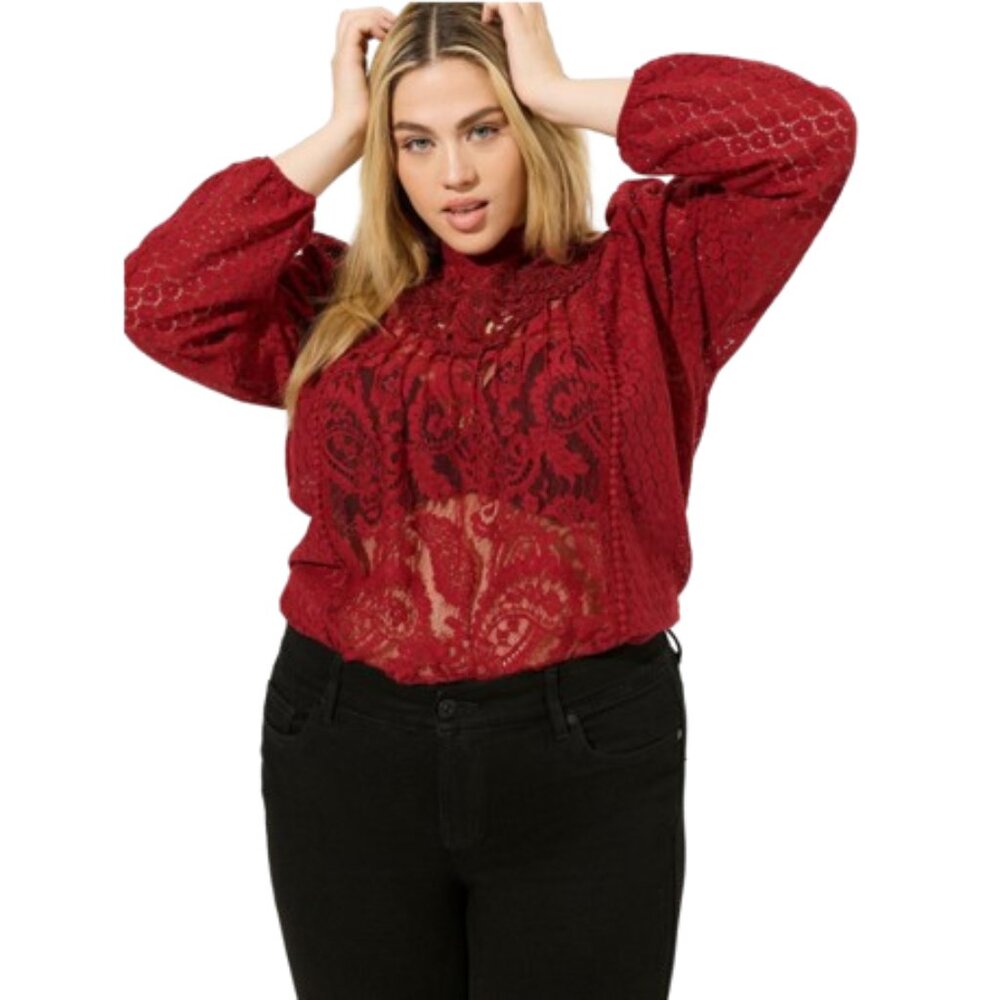 NEW Torrid Women's Maroon Mixed Lace High Neck Top